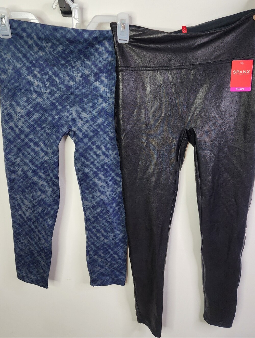 *2 PAIRS* SPANXShape Black Faux-Leather and Blue Tie-Dye Leggings Set! XL